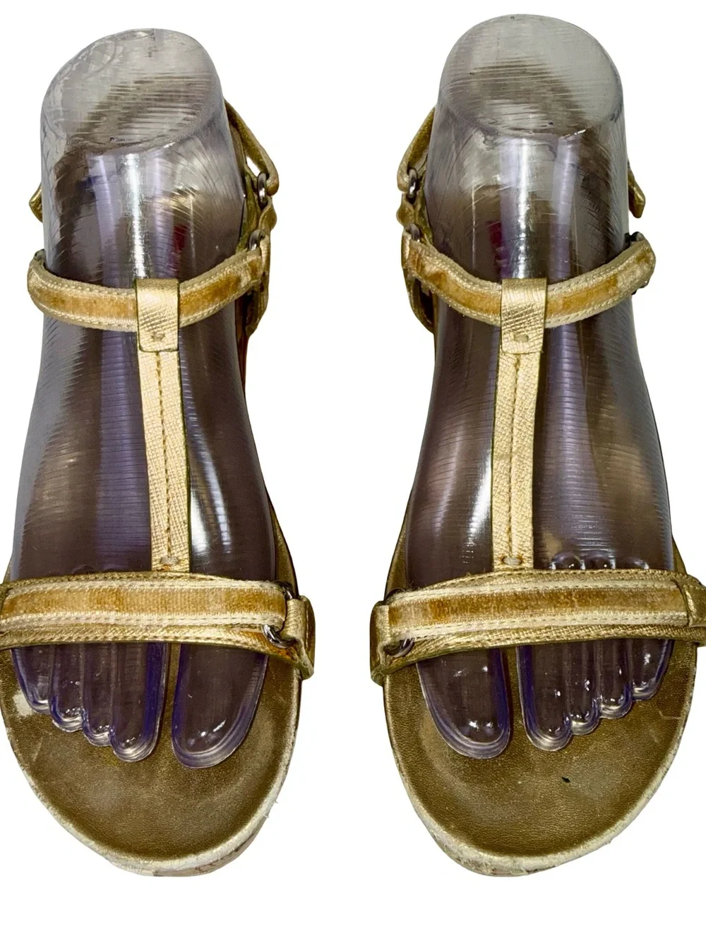 PRADA GOLD WEDGE SANDALS WITH CORK PLATFORMS